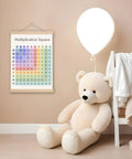 Multiplication Square Poster With Integrated Hanger Frame Kid Friendly Classroom Decor Times Table Chart Math Learning Poster Sized 12.5 By 17 Inches Ideal For Classrooms Bedrooms Playrooms Nurseries on nursery wall beside teddy bear and balloon