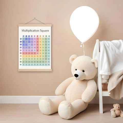 Multiplication Square Poster With Integrated Hanger Frame Kid Friendly Classroom Decor Times Table Chart Math Learning Poster Sized 12.5 By 17 Inches Ideal For Classrooms Bedrooms Playrooms Nurseries on nursery wall beside teddy bear and balloon