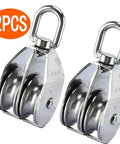 Rock Solid M50 Double Pulley Block Crafted From Top Grade 304 Stainless Steel Featuring A Badass 400Kg Lift Capacity Designed For Rigorous Industrial Milling And Engine Projects 2 Pack, showcasing two stainless steel pulley blocks.