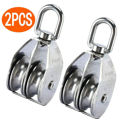 Rock Solid M50 Double Pulley Block Crafted From Top Grade 304 Stainless Steel Featuring A Badass 400Kg Lift Capacity Designed For Rigorous Industrial Milling And Engine Projects 2 Pack, showcasing two stainless steel pulley blocks.