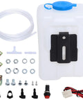 Universal Windshield Washer Pump Reservoir Kit 12V with fluid tank, pump, hose, wiring, and switch, for cars and trucks.