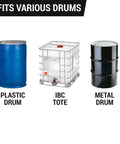 Hella Smooth Telescopic Electric Drum Pump Bundle With Battery Powered Operation And Quick Five To Seven GPM Flow For Effortless Diesel Def And Fuel Transfer From Fifty Five Gallon Barrels Or Large IBC Tanks Any Day showing plastic drum, IBC tote, and metal drum.