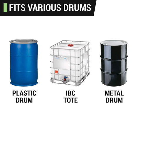 Hella Smooth Telescopic Electric Drum Pump Bundle With Battery Powered Operation And Quick Five To Seven GPM Flow For Effortless Diesel Def And Fuel Transfer From Fifty Five Gallon Barrels Or Large IBC Tanks Any Day showing plastic drum, IBC tote, and metal drum.