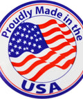 Circular logo with American flag, "Proudly Made in the USA" text