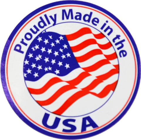 Circular logo with American flag, "Proudly Made in the USA" text