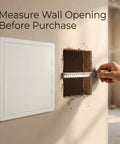 Heavy Duty 16 X 16 Inch Access Panel For Drywall With Rock Solid ABS Plastic Build and Clean White Cover shown beside wall opening measurement.