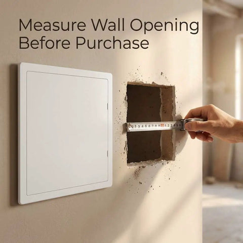 Heavy Duty 16 X 16 Inch Access Panel For Drywall With Rock Solid ABS Plastic Build and Clean White Cover shown beside wall opening measurement.