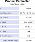 Product parameter details for Compact Desktop Metal And Wood Lathe Machine With 96W Pure Copper Motor.