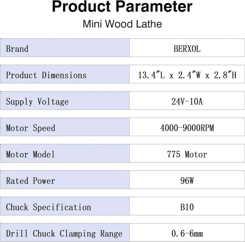 Product parameter details for Compact Desktop Metal And Wood Lathe Machine With 96W Pure Copper Motor.