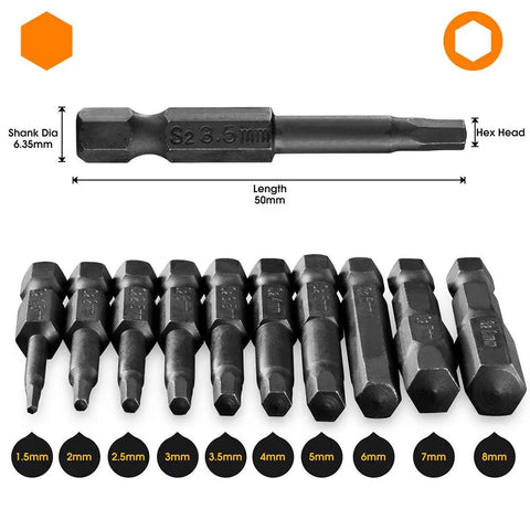 Rugged S2 Steel Hex Head Screwdriver Bit Set, 10 Pieces, 1.5-8mm Metric Range, 1/4 Inch Hex Shank, 2 Inch Length, Magnetic, displayed