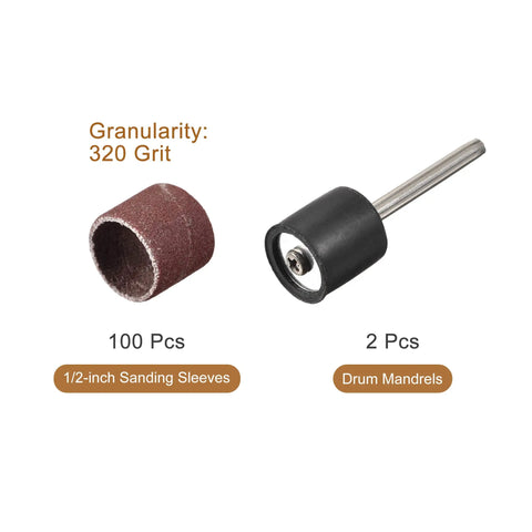 320 Grit Sanding Sleeves Set With One Hundred Pieces Of Half Inch Sleeves And Two Drum Mandrels For Rotary Tools Durable Aluminum Oxide