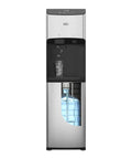 Front view of Water Dispenser For 5 Gallon Bottle With Nugget Ice Maker Hot And Cold Water UV Self Cleaning LED Touch Display And Digital Clock Night Light Child Safety Lock Bottom Load Cooler Two Times Faster Ice And Water Dispense showing LED display and water bottle in base