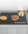 Quick Cookin' Electric Ceramic Cooktop With Five Adjustable Burners Infrared Stove Top with food in pots on black surface.