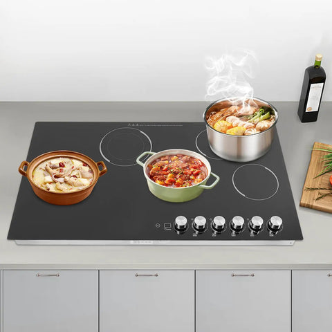 Quick Cookin' Electric Ceramic Cooktop With Five Adjustable Burners Infrared Stove Top with food in pots on black surface.