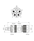 M12 L Coded 4 Plus FE Unshielded Power Cable Connector IP67 for 8 to 13mm Cables, Screw On M12 Thread, Industrial Grade, Field Ready Rugged Waterproof IP Rated, DIN EN IEC 61076-2-111 Compatible, drawing with 4-pin FE layout and dimensions