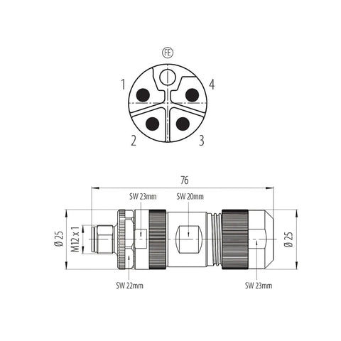 M12 L Coded 4 Plus FE Unshielded Power Cable Connector IP67 for 8 to 13mm Cables, Screw On M12 Thread, Industrial Grade, Field Ready Rugged Waterproof IP Rated, DIN EN IEC 61076-2-111 Compatible, drawing with 4-pin FE layout and dimensions