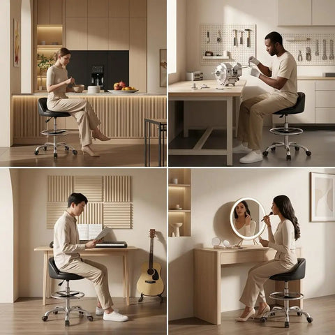 Rolling Stool With Back Support And Footrest Ring, Adjustable Heavy Duty Stool With Wheels For Shop, Salon, Grey, 17-Inch Seat