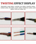 Twisting effect display of various cable types showing twisted wires, including data and power cables, for efficient processing.
