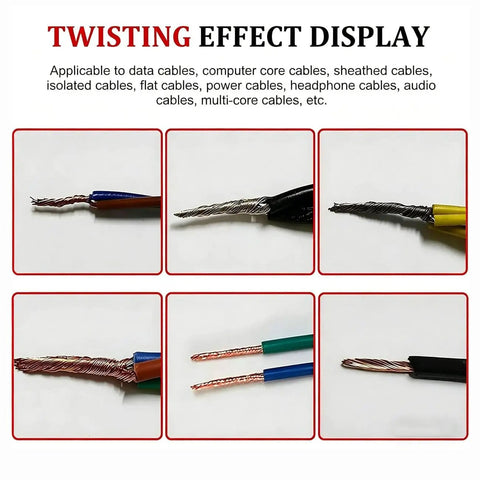 Twisting effect display for various cables showing wire construction and braiding, using High Speed Cable Wire Twister for Single Station Use.