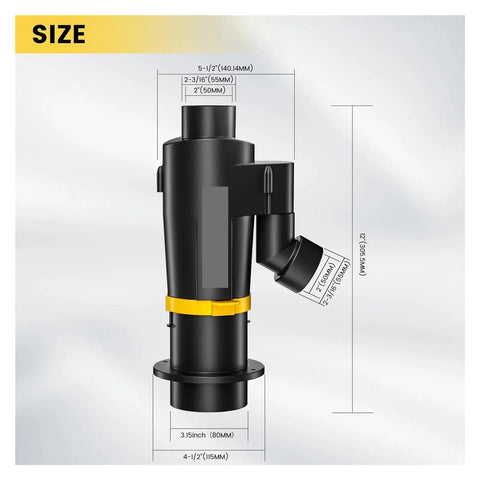 Heavy Duty Rock Solid Cyclone Dust Collector Separator For Shop Vacs And Vacuums Dual Filter Woodworking Dust Extractor Accessory With Turbocharged Kick And Beast Mode Dust Control PM01 Black Version dimensions with size labels