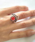 Red Agate Stone V Shape Chevron Ring In Retro Stainless Steel 8mm Wide Band With Natural Quartz Crystal on hand