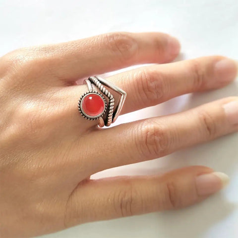 Red Agate Stone V Shape Chevron Ring In Retro Stainless Steel 8mm Wide Band With Natural Quartz Crystal on hand