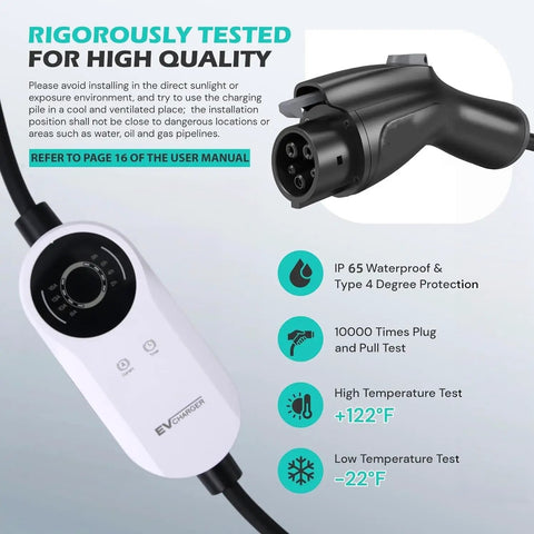 Level Two Portable Ev Charger Delivering Straight Up 3.5 Kw Adjustable 16 Amp Output with IP65 waterproof rating and user instructions.