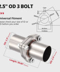 2.5 Inch 3 Bolt Exhaust Flange Piping Kit Fabricated From Badass 304 Stainless Steel With Complete Gasket And Bolt Set For Universal Beater Repairs And Quick Swap Links On The Daily Drive, showing dimensions and design.