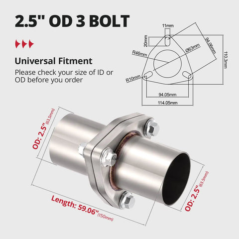 2.5 Inch 3 Bolt Exhaust Flange Piping Kit Fabricated From Badass 304 Stainless Steel With Complete Gasket And Bolt Set For Universal Beater Repairs And Quick Swap Links On The Daily Drive, showing dimensions and design.
