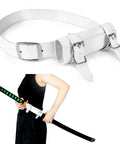 White Katana Sword Belt Leather Holder For Demon Slayer Cosplay with buckle and detachable sheath for universal fit.