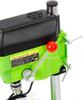Close-up of Solid 480W Mini Bench Drill Press with 1-10mm Chuck, green design, and control knob for precision drilling.