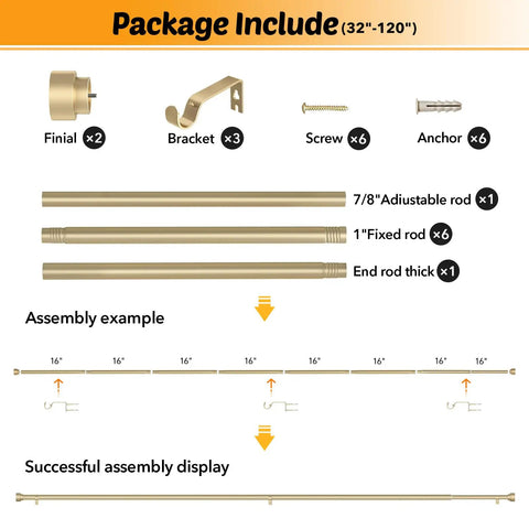 Gold Built Tough 1 Inch Heavy Duty Curtain Rods For Windows 66 To 120 Inch Adjustable Decorative Rod With External Threaded Connection Supports Up To 33 Pounds W1 package contents including rods, finial, bracket, screw, anchor with assembly guide.