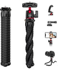 All In One Portable Camera Tripod And Flexible Phone Stand With Cold Shoe Mount, bendable octopus style shown with camera and phone