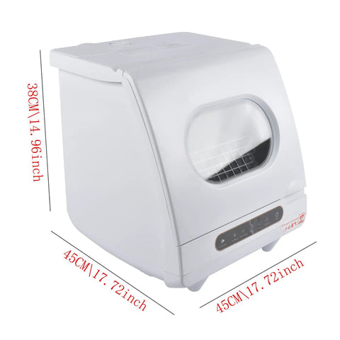 No Sweat Portable Mini Countertop Dishwasher Featuring Fast Wash Cycles And A Handy Five Liter Water Tank in white, compact design for apartments.