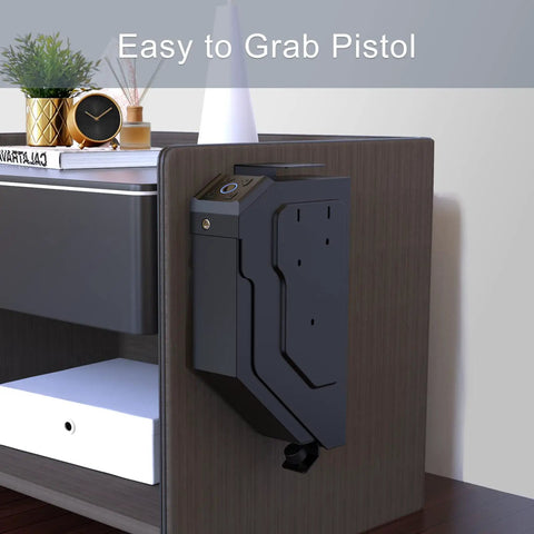 Beefy Biometric Bedside Gun Safe With Slick Fingerprint Lock And Lightning Fast Handgun Entry Compact Nightstand Vault mounted on furniture.
