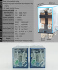 Close-up of Five Pack DC 12V Coil Power Relay DPDT Eight Pin 10A With Socket Base LY2NJ HH62P JQX-13F showing dimensions.