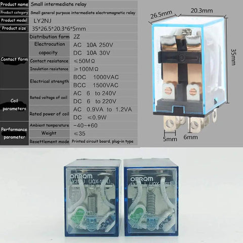 Close-up of Five Pack DC 12V Coil Power Relay DPDT Eight Pin 10A With Socket Base LY2NJ HH62P JQX-13F showing dimensions.