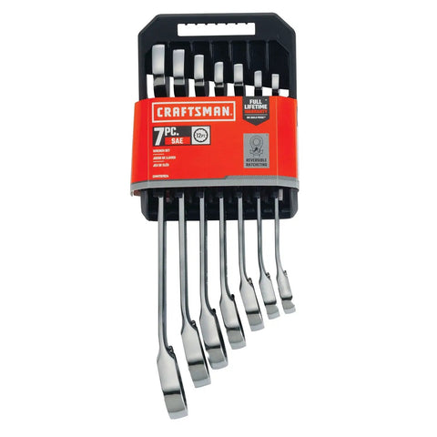 7 Piece SAE Reversible Ratcheting Wrench Set With 72-Tooth Box End, 15 Degree Offset, Chrome Finish For Corrosion Resistance And Quick Engagement In Tight Spaces packaged on display card