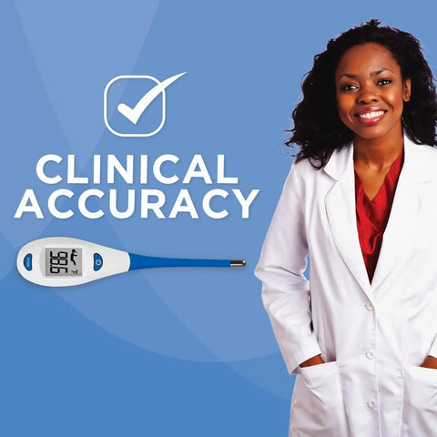 Fast Two-Second Flex Tip Digital Thermometer With Color Backlight For Oral, Rectal, And Underarm Readings, No-Fuss, Ultra-Precise And Quick Temp Check For Home Use. Clinical accuracy graphic with digital thermometer and doctor.