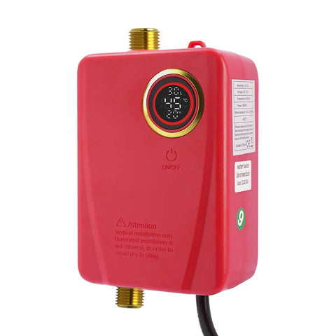 Sleek Red Instant Tankless Electric Water Heater, 3000W On Demand Wall Mount Unit with adjustable digital temperature display.