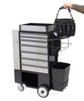 Heavy Duty Utility Cart With Rolling Storage Organizer For Maintenance Crews Includes Power Drill But No Hand Tools, with rolling bins and steel frame.