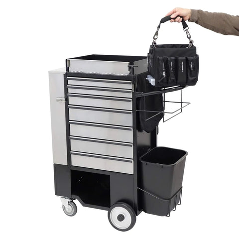 Heavy Duty Utility Cart With Rolling Storage Organizer For Maintenance Crews Includes Power Drill But No Hand Tools, with rolling bins and steel frame.