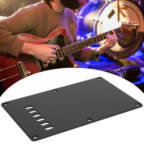 Six Hole Guitar Back Plate for Electric Guitars, Durable Plastic Rear Cover Plate Cavity Shield shown with guitarist