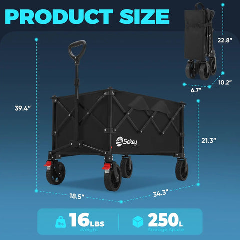 Collapsible Foldable Wagon With 300 Lb Weight Capacity Heavy Duty Wagon Cart With Big All Terrain Wheels dimensions shown