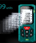 Digital Laser Rangefinder And Heavy Duty Tape Measure High Precision 120M Distance Meter Built Like A Tank For Contractors showing display screen with multiple measurements.