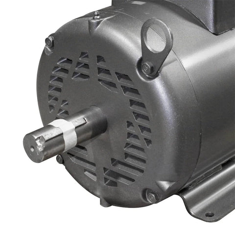 Close-up of 7.5 HP Electric Motor For Compressors, 1725 RPM, 208-230V 31A, NEMA 215T, keyed shaft visible