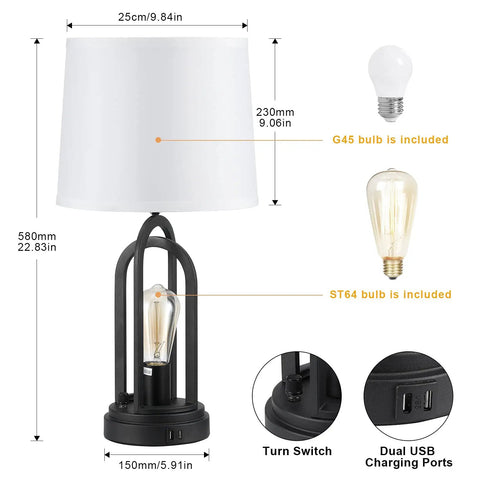 Set Of 2 Farmhouse Table Lamps For Living Room With Dual USB Ports, diagram of lamp with measurements and included bulbs