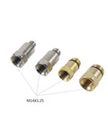 Angled front view of four M14x1.25 automotive leak-down tester adapters in silver and brass.