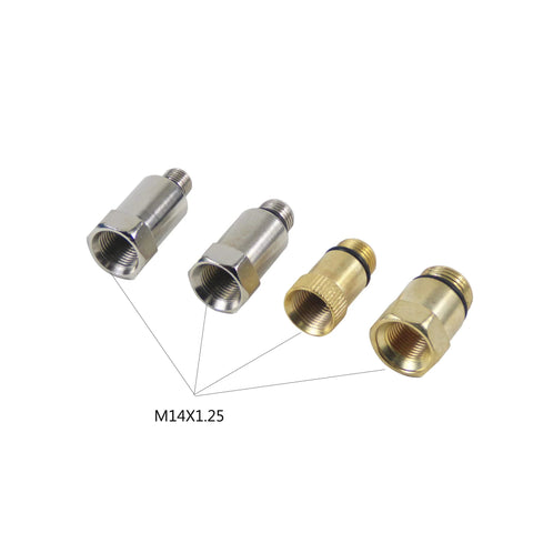 Angled front view of four M14x1.25 automotive leak-down tester adapters in silver and brass.