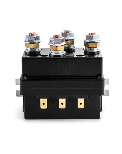 Front view of Beefed-Up 12V 500A Winch Solenoid Relay Contactor For 8000 To 15000 Lb ATV UTV Winches Dual Direction Power Relay With Sealed Housing